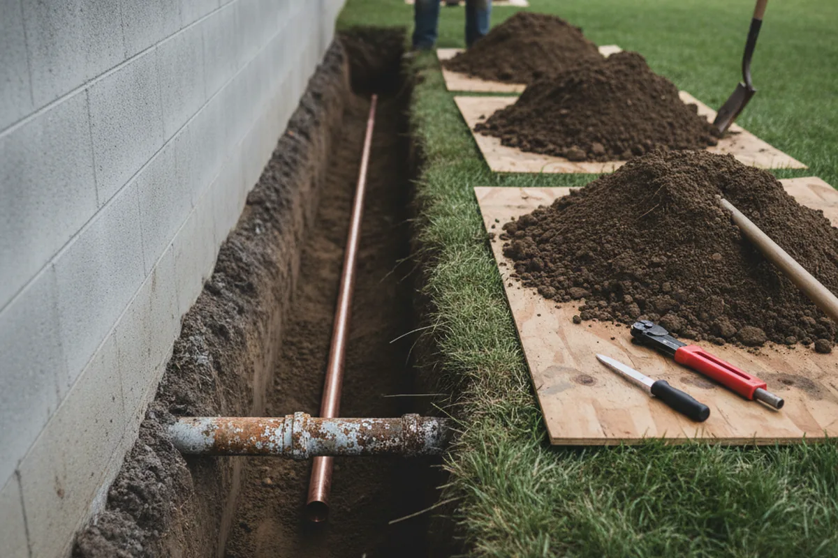 Excavated water line trench during Sewer Line Repair in Elmira